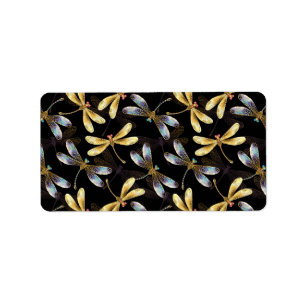 Naadloos patroon met gouden libellen etiket