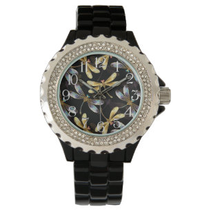 Naadloos patroon met gouden libellen horloge