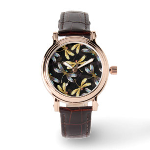 Naadloos patroon met gouden libellen horloge