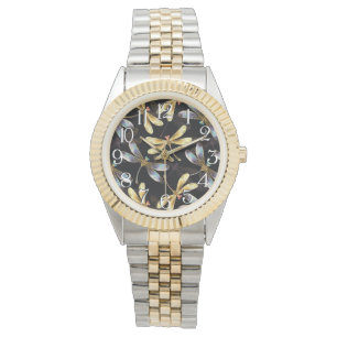 Naadloos patroon met gouden libellen horloge