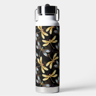 Naadloos patroon met gouden libellen waterfles