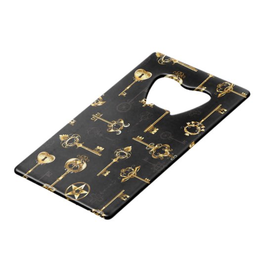 Naadloos patroon met gouden sleutels kredietkaart flessenopener (Voorkant Gekanteld)