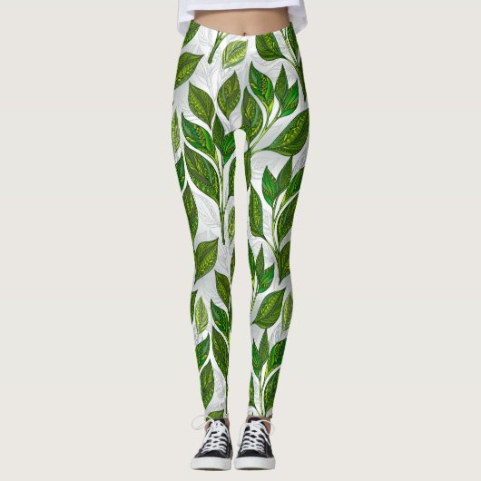 Naadloos patroon met groene theebladeren leggings (Voorkant)