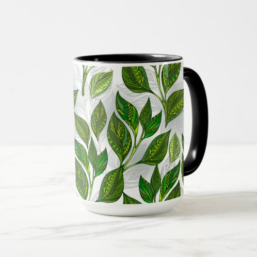 Naadloos patroon met groene theebladeren mok (Voorkant rechts)
