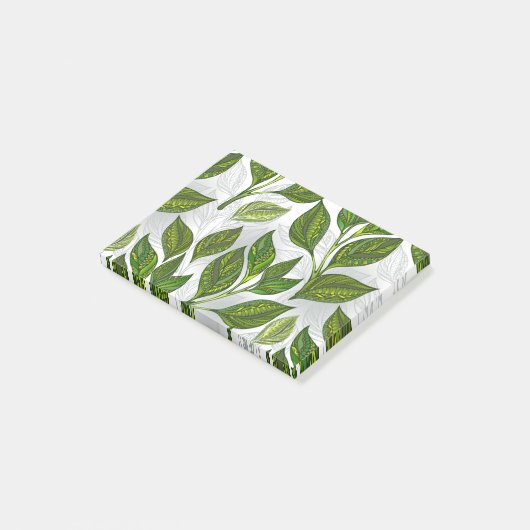 Naadloos patroon met groene theebladeren post-it® notes (Schuin)