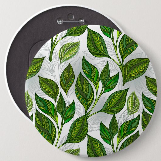 Naadloos patroon met groene theebladeren ronde button 6,0 cm (Voorkant /achterkant)