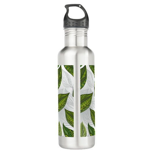 Naadloos patroon met groene theebladeren waterfles (Achterkant)