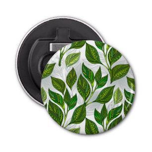 Naadloos patroon met groene theelbladeren button flesopener