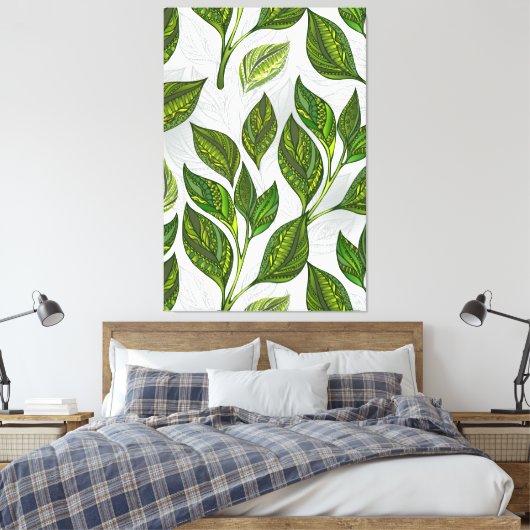 Naadloos patroon met groene theelbladeren canvas afdruk (Insitu (Slaapkamer))