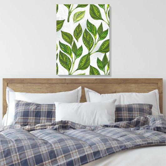 Naadloos patroon met groene theelbladeren canvas afdruk (Insitu (Slaapkamer))