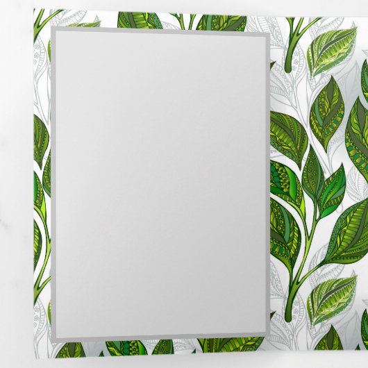 Naadloos patroon met groene theelbladeren drieluik aankondiging (Binnenzijde eerst)