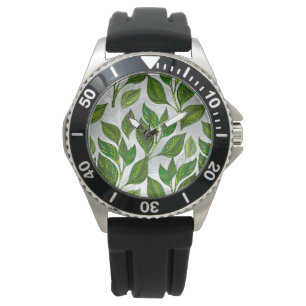 Naadloos patroon met groene theelbladeren horloge