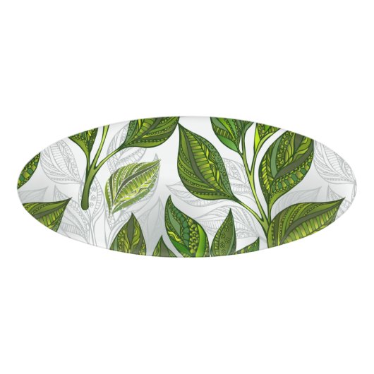 Naadloos patroon met groene theelbladeren naambadge (Voorkant)