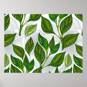 Naadloos patroon met groene theelbladeren poster