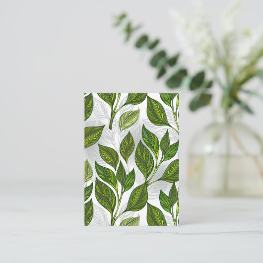 Naadloos patroon met groene theelbladeren visitekaartje (Staand voorkant)