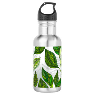 Naadloos patroon met groene theelbladeren waterfles 