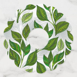 Naadloos patroon met groene theelbladeren wijnglaslabel