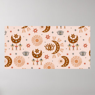 naadloos patroon met hemelogen, maan, zon poster