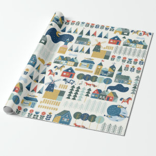 Naadloos patroon met het scandinavische dorp in he cadeaupapier