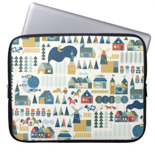 Naadloos patroon met het scandinavische dorp in he laptop sleeve