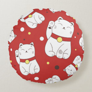 Naadloos patroon met Maneki-Neko-kattehand geteken Rond Kussen