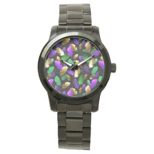 Naadloos patroon met Mardi Gras-veren Horloge