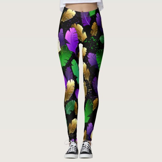 Naadloos patroon met Mardi Gras-veren Leggings (Voorkant)