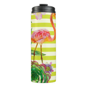naadloos patroon met roze flamingo en exotische tr thermosbeker