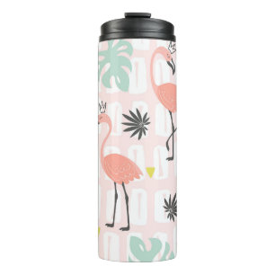 Naadloos patroon met roze flamingos en palmlev thermosbeker