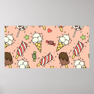 Naadloos patroon met schattig ijs en lolly's poster
