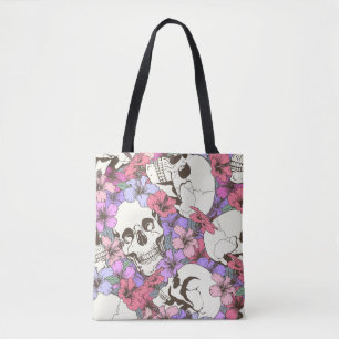 Naadloos patroon met schedelspieren, bloemen draagtas