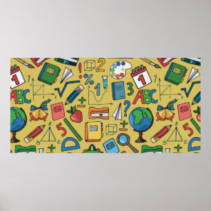Naadloos patroon met schoolbenodigdheden op een ge poster