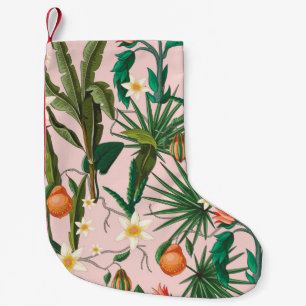 Naadloos patroon met tropisch blad, bloemen en f kleine kerstsok