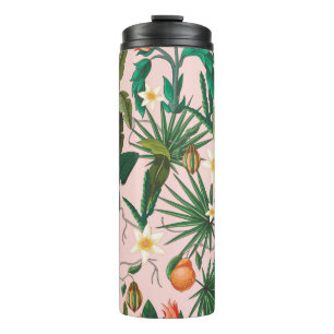 Naadloos patroon met tropisch blad, bloemen en f thermosbeker