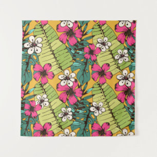 Naadloos patroon met tropische bloemen, palmverlof wandkleed