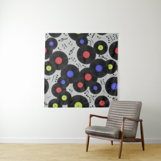 Naadloos patroon met vinylrecords en noten. wandkleed (In Situ (horizontaal))