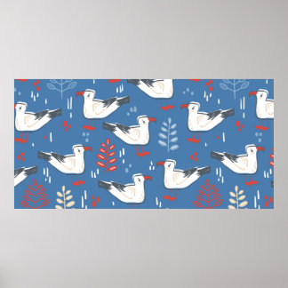 naadloos patroon met wandelmeeuw. Vogel en verlof Poster