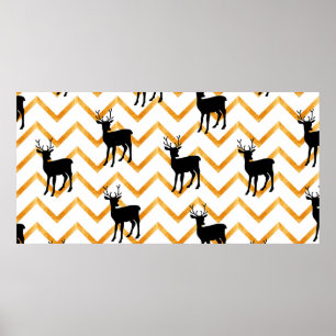 Naadloos patroon met zwarte herten en gouden textu poster