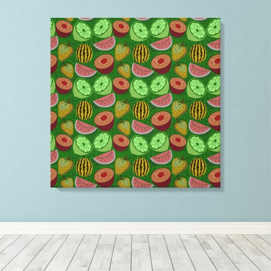 Naadloos patroon tropische vruchten en groene acht canvas afdruk (Insitu (Houten vloer))