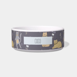 Naadloos patroon van katten in de ruimte met eigen voerbakje