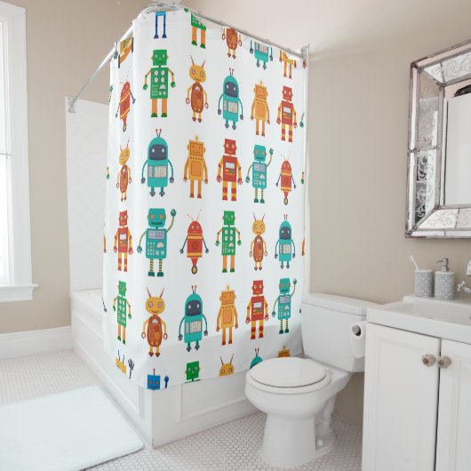 Naadloos patroon van kleurrijke retro robots in a  douchegordijn (In situ)