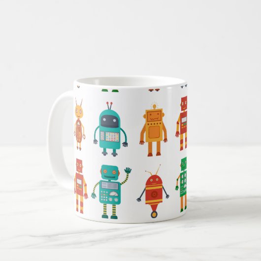 Naadloos patroon van kleurrijke retro robots in a  koffiemok (Voorkant links)