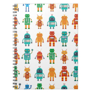 Naadloos patroon van kleurrijke retro robots in a  notitieboek