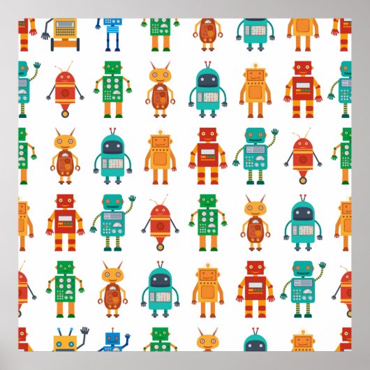 Naadloos patroon van kleurrijke retro robots in a  poster (Voorkant)
