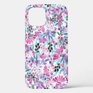 Naadloos patroon van paarse bloemen en bessen,blu iPhone 12 hoesje