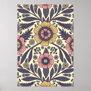 Naadloos roze en blauw Floral Patroon Poster