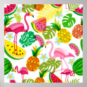 Naadloos tropisch patroon met roze flamingo, palm poster