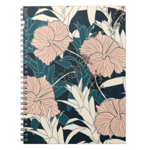 Naadloos tropisch patroon met roze hibiscus flowe notitieboek