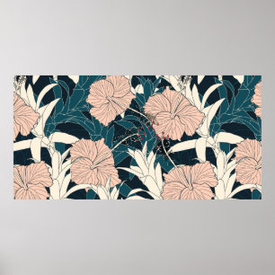 Naadloos tropisch patroon met roze hibiscus flowe poster