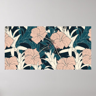 Naadloos tropisch patroon met roze hibiscus flowe poster